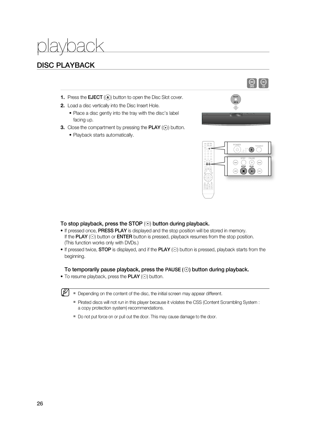 Samsung HT-X810 user manual Playback, Disc PlAYBACK, To stop playback, press the Stop button during playback 