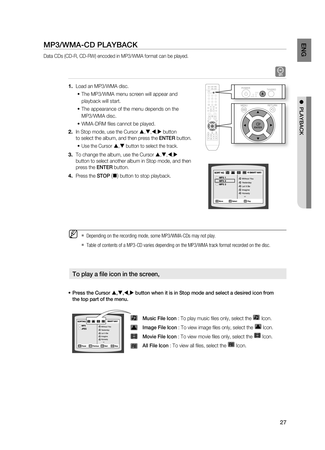 Samsung HT-X810 user manual MP3/WMA-CD PlAYBACK, Data CDs CD-R, CD-RW encoded in MP3/WMA format can be played 