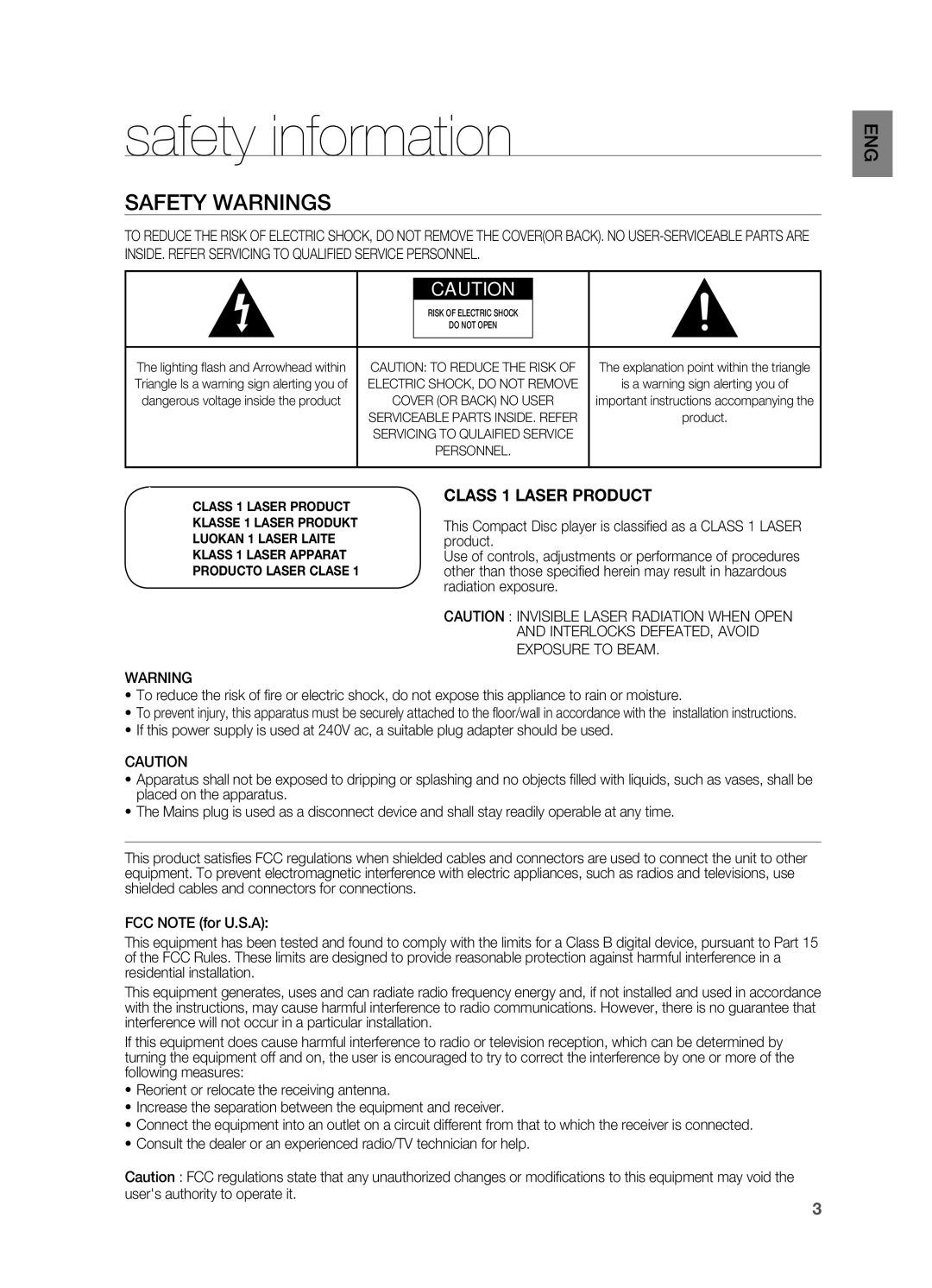 Samsung HT-X810 user manual Safety information, Safety Warnings, Exposure to Beam 