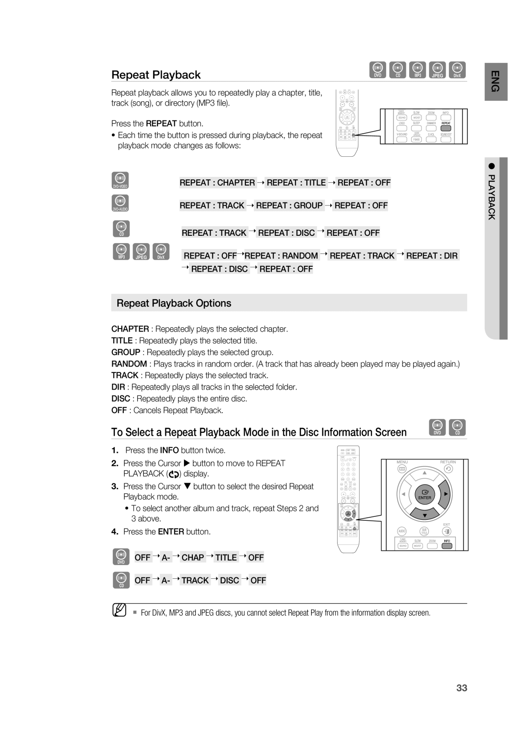 Samsung HT-X810 user manual Repeat Playback, REPEAT CHAPTEr REPEAT TITlE REPEAT OFF 