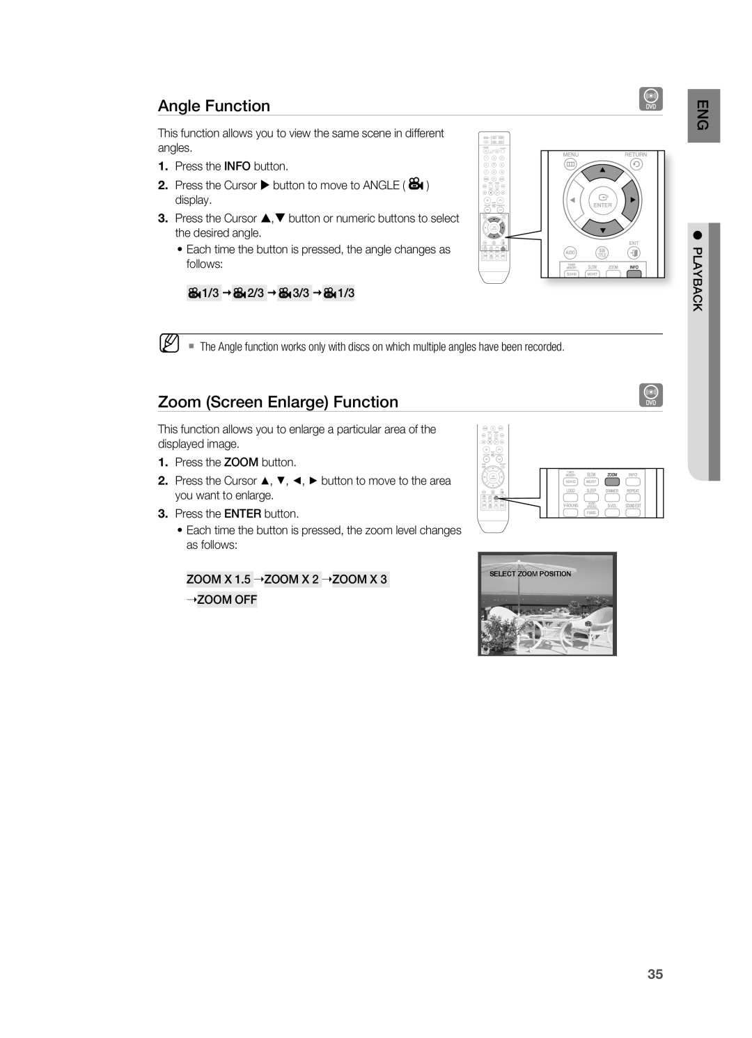 Samsung HT-X810 user manual Angle Function, Zoom Screen Enlarge Function, Zoom X ZOOM OFF 