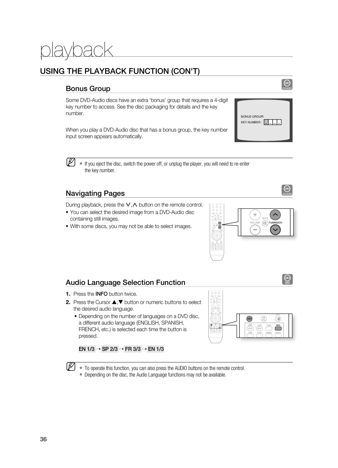 Samsung HT-X810 user manual Bonus Group, Navigating Pages, Audio language Selection Function 