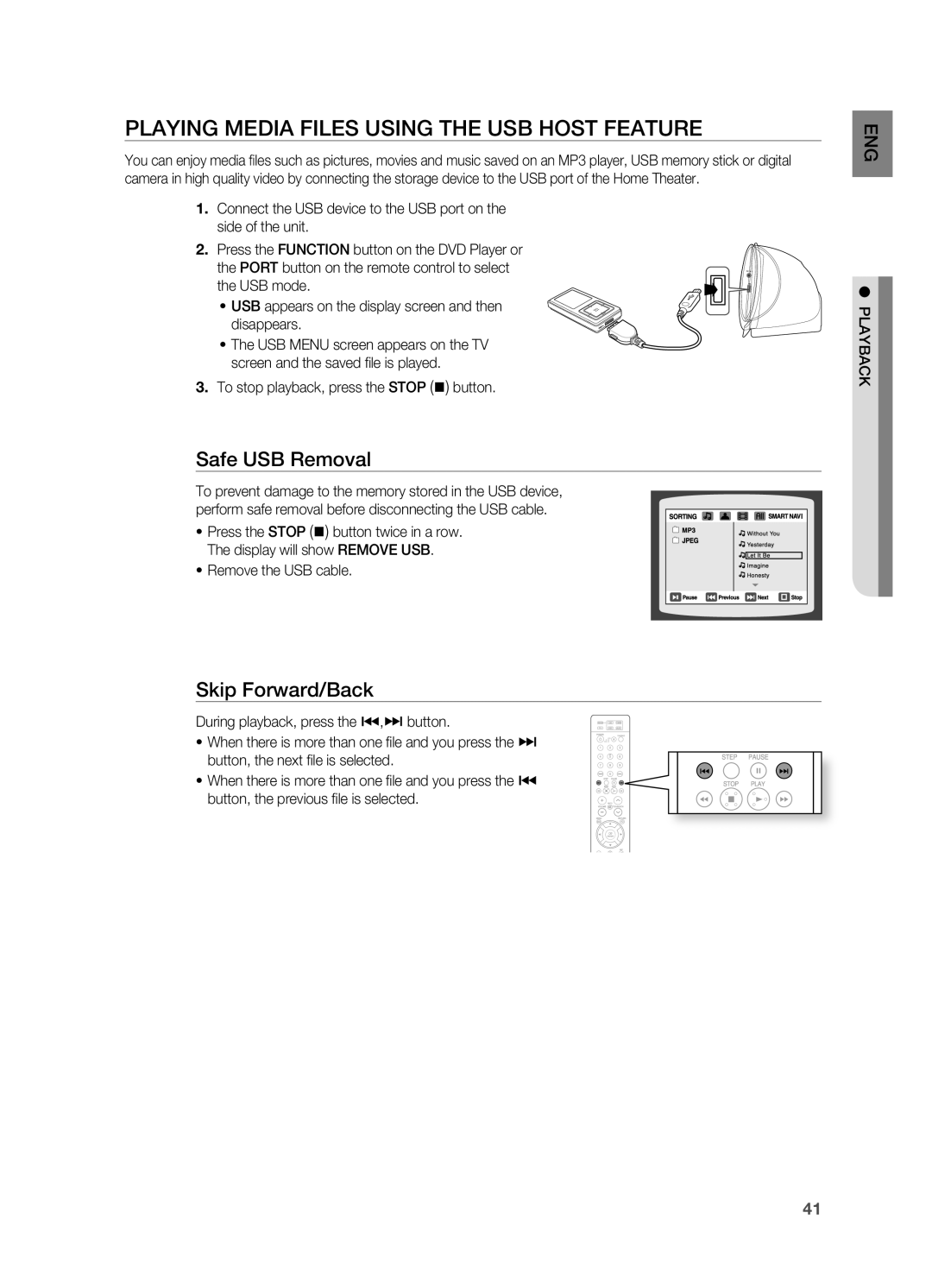 Samsung HT-X810 user manual PlAYING Media FIlES Using the USB Host FEATUrE, Safe USB removal, ~ Remove the USB cable 