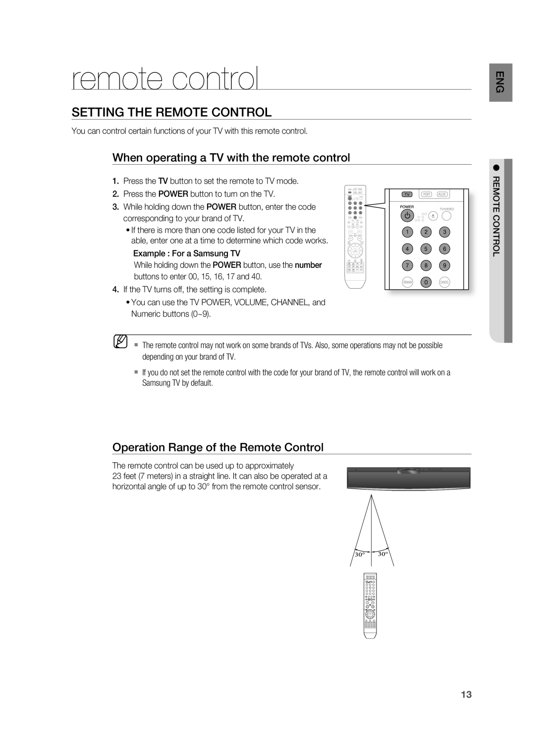 Samsung HT-X810 user manual SETTING THE rEMOTE CONTrOl, When operating a TV with the remote control 