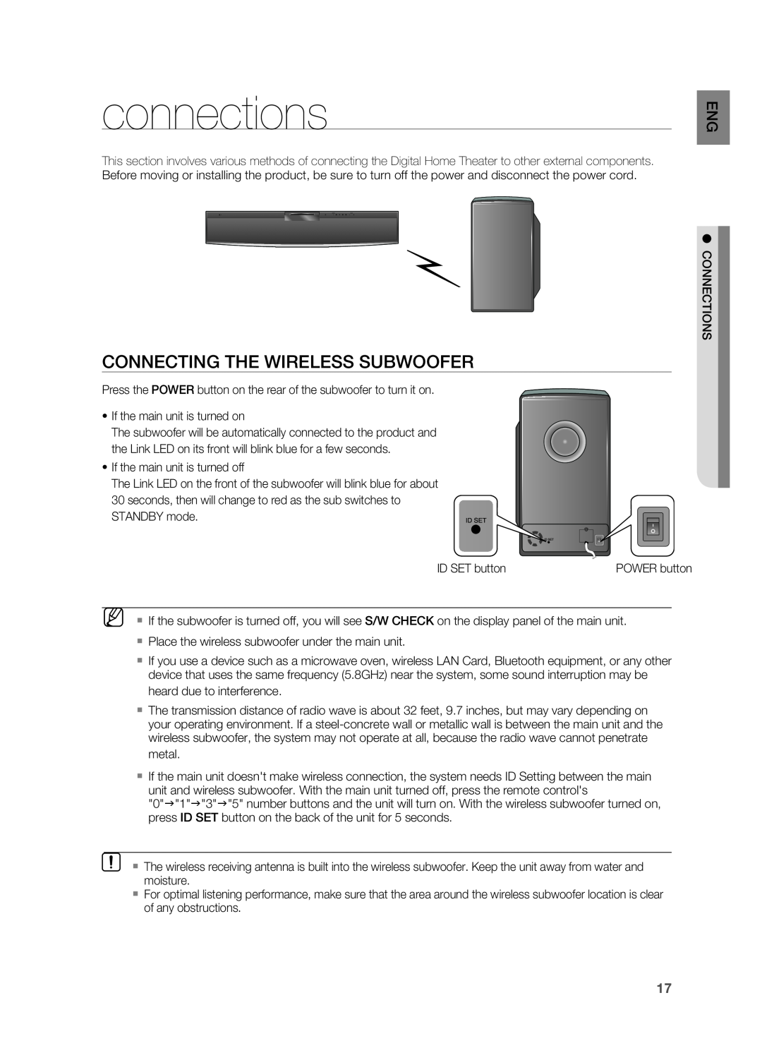 Samsung HT-X810 user manual connections, CONNECTING THE WIrElESS SUBWOOFEr 