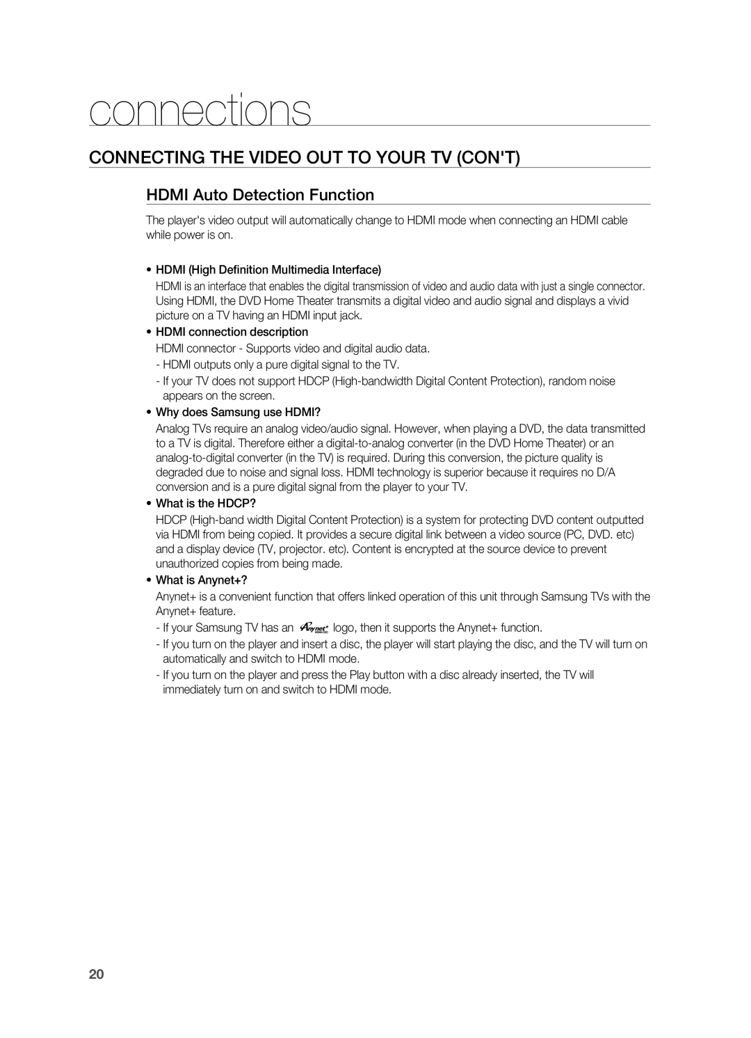 Samsung HT-X810 user manual Connecting the Video Out to your TV cont, HDMI Auto Detection Function, connections 