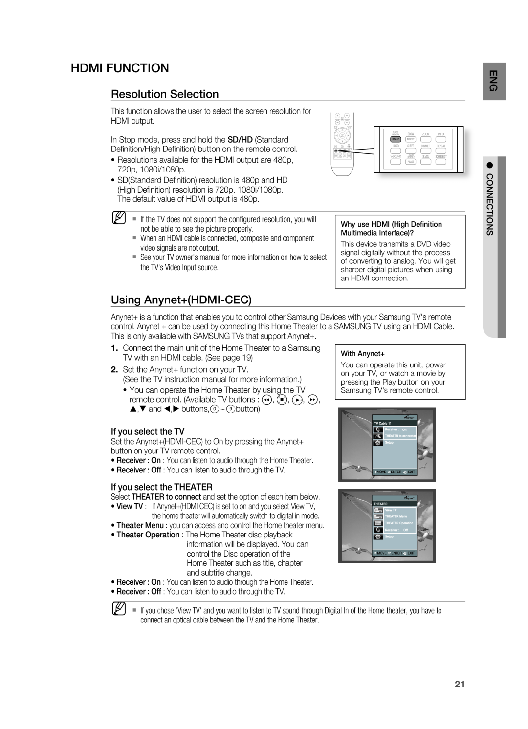 Samsung HT-X810 user manual Hdmi Function, resolution Selection, Using Anynet+HDMI-CEC 