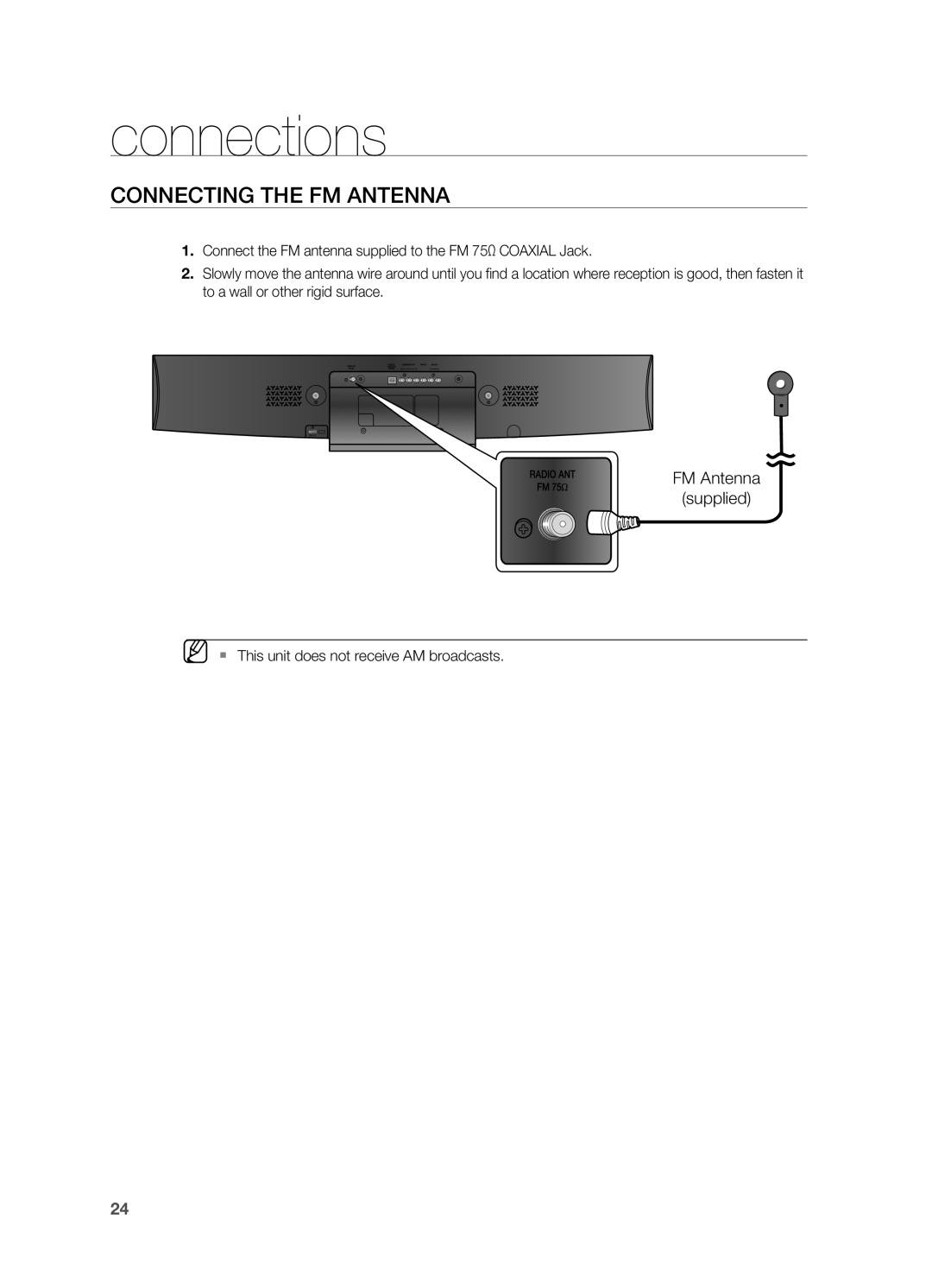 Samsung HT-X810 user manual Connecting the FM Antenna, connections, FM Antenna supplied 