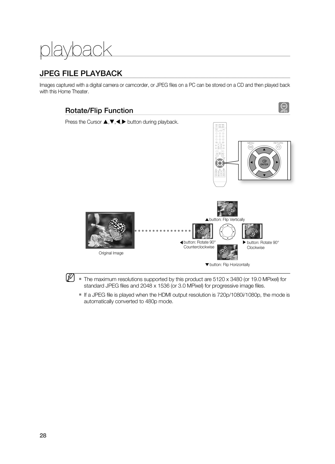 Samsung HT-X810 user manual JPEG FIlE PlAYBACK, rotate/Flip Function, playback 
