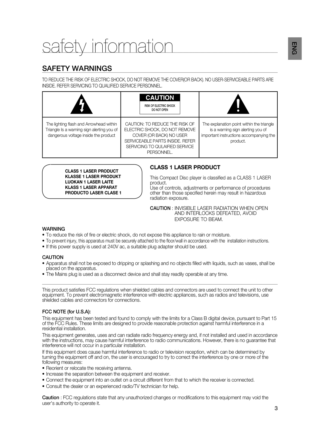 Samsung HT-X810 user manual safety information, Safety Warnings, CLASS 1 LASER PRODUCT 