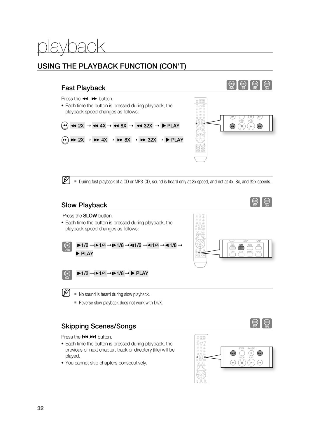 Samsung HT-X810 user manual USING THE PlAYBACK FUNCTION CONT, Slow Playback, Skipping Scenes/Songs, playback, Fast Playback 