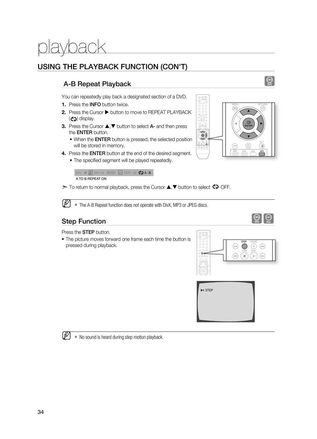 Samsung HT-X810 user manual A-Brepeat Playback, Step Function, playback, USING THE PlAYBACK FUNCTION CONT 