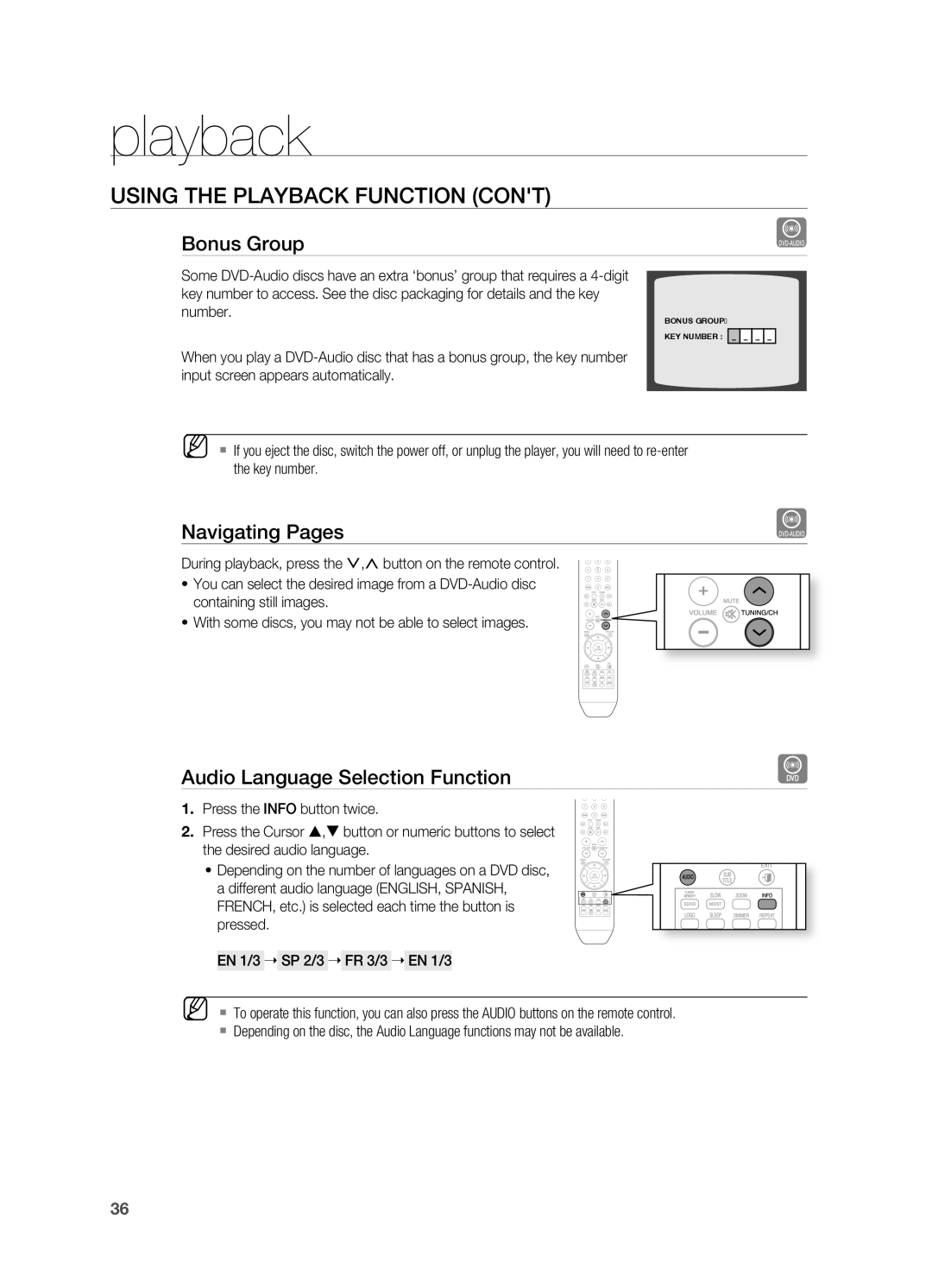 Samsung HT-X810 user manual Bonus Group, Navigating Pages, Audio language Selection Function, playback 