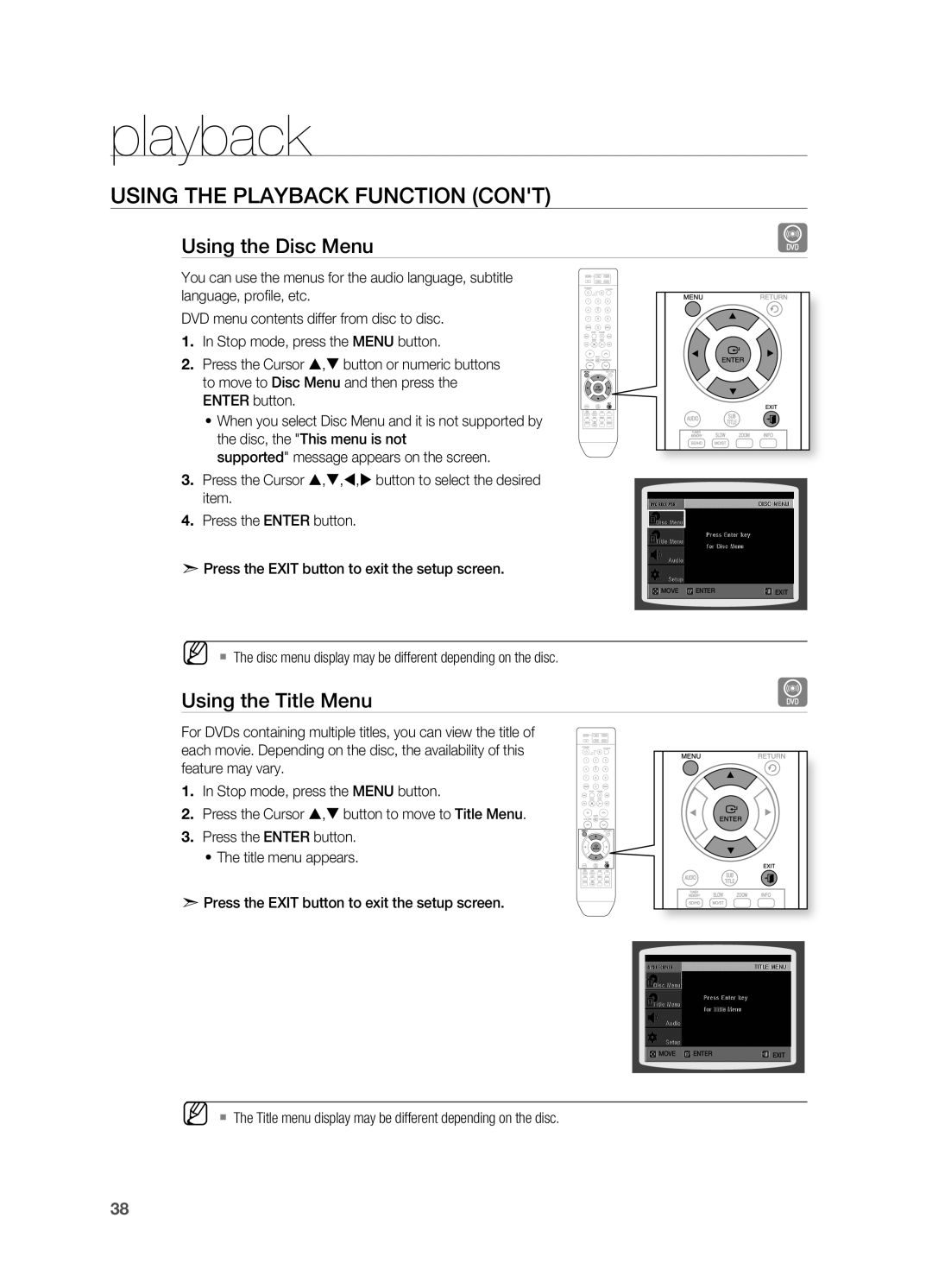 Samsung HT-X810 user manual Using the Disc Menu, Using the Title Menu, playback, USING THE PlAYBACK FUNCTION CONT 