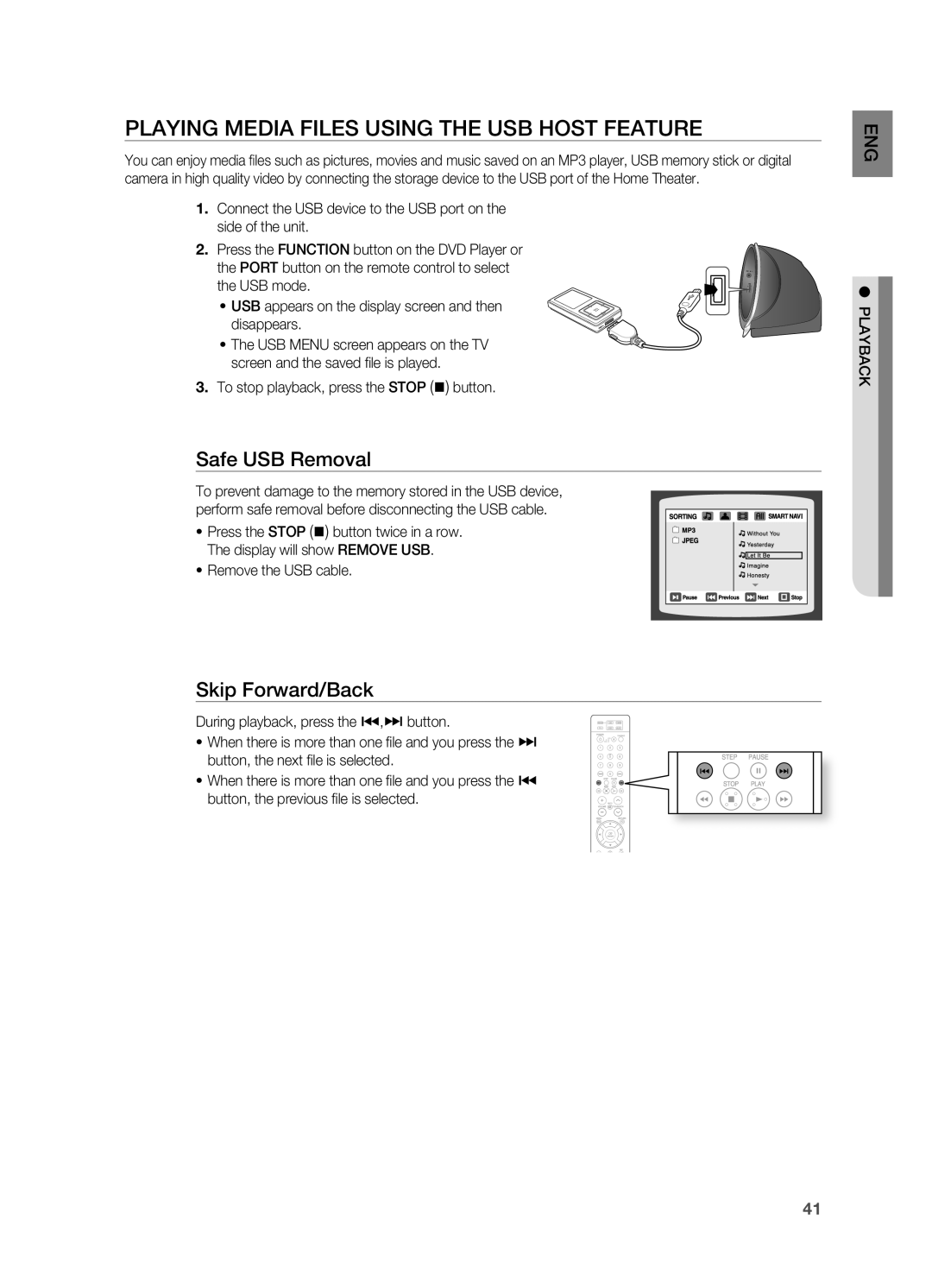 Samsung HT-X810 user manual PlAYING MEDIA FIlES USING THE USB HOST FEATUrE, Safe USB removal, Skip Forward/Back 