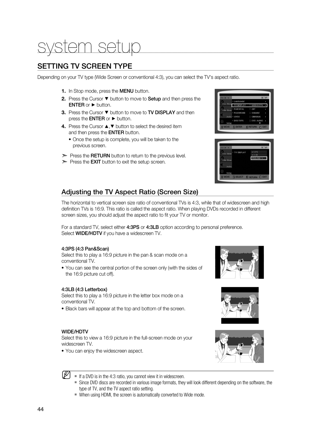 Samsung HT-X810 user manual Setting TV Screen Type, Adjusting the TV Aspect Ratio Screen Size, system setup 