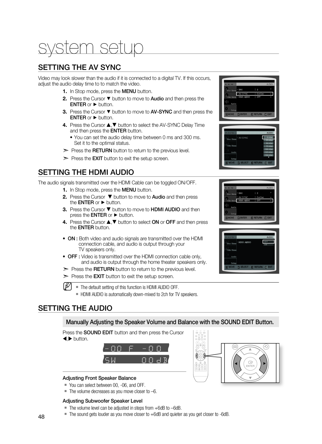 Samsung HT-X810 user manual Setting The Av Sync, Setting The Hdmi Audio, Setting The Audio, system setup 
