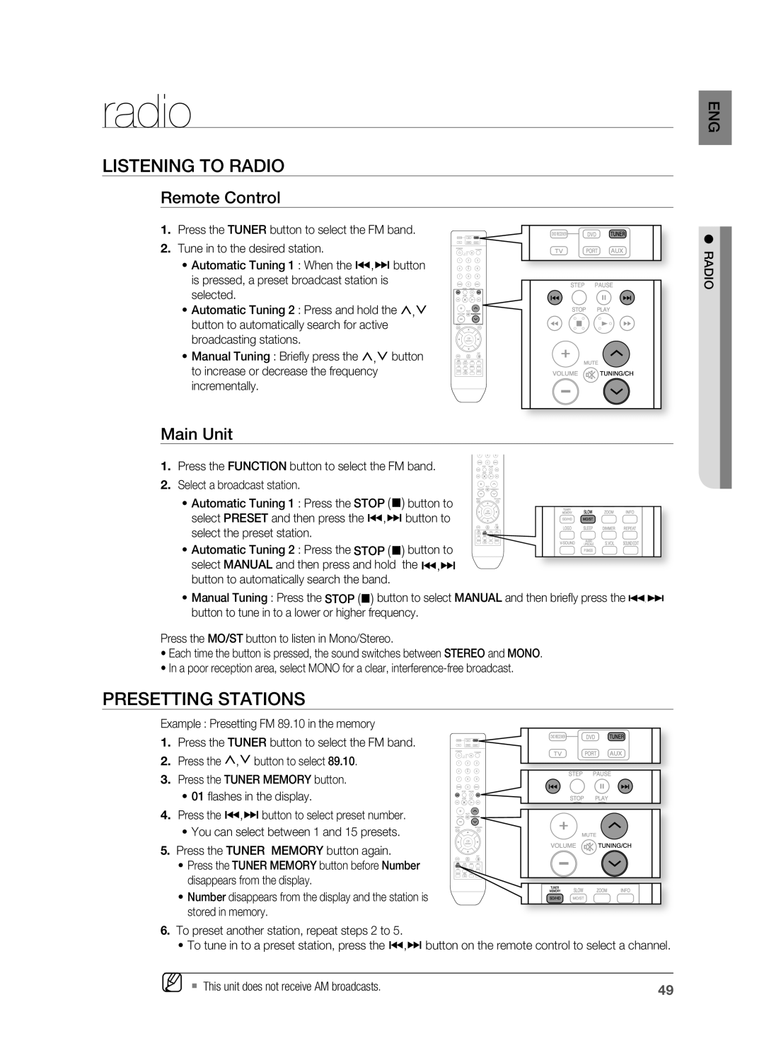 Samsung HT-X810 user manual radio, lISTENING TO rADIO, PrESETTING STATIONS, remote Control, Main Unit 