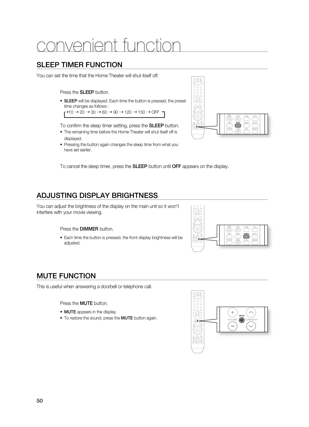 Samsung HT-X810 user manual convenient function, SlEEP TIMEr FUNCTION, ADJUSTING DISPlAY BrIGHTNESS, Mute Function 