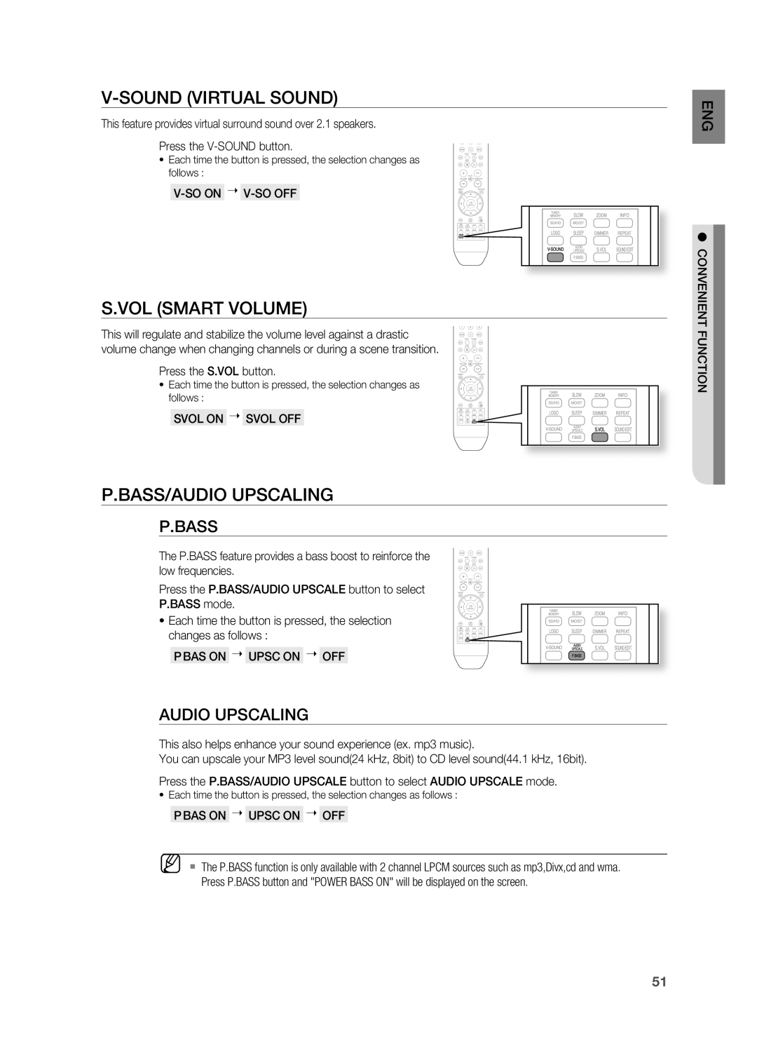 Samsung HT-X810 user manual V-SOUNDVIrTUAl SOUND, S.VOl SMArT VOlUME, P.BASS/AUDIO UPSCAlING, P.Bass 