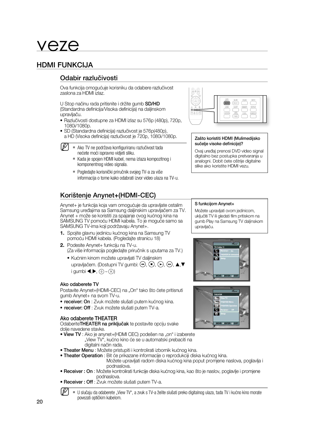 Samsung HT-X810R/EDC Hdmi FUNkCIjA, Odabir razlučivosti, Korištenje Anynet+HDMI-CEC, . Podesite Anynet+ funkciju na TV-u 