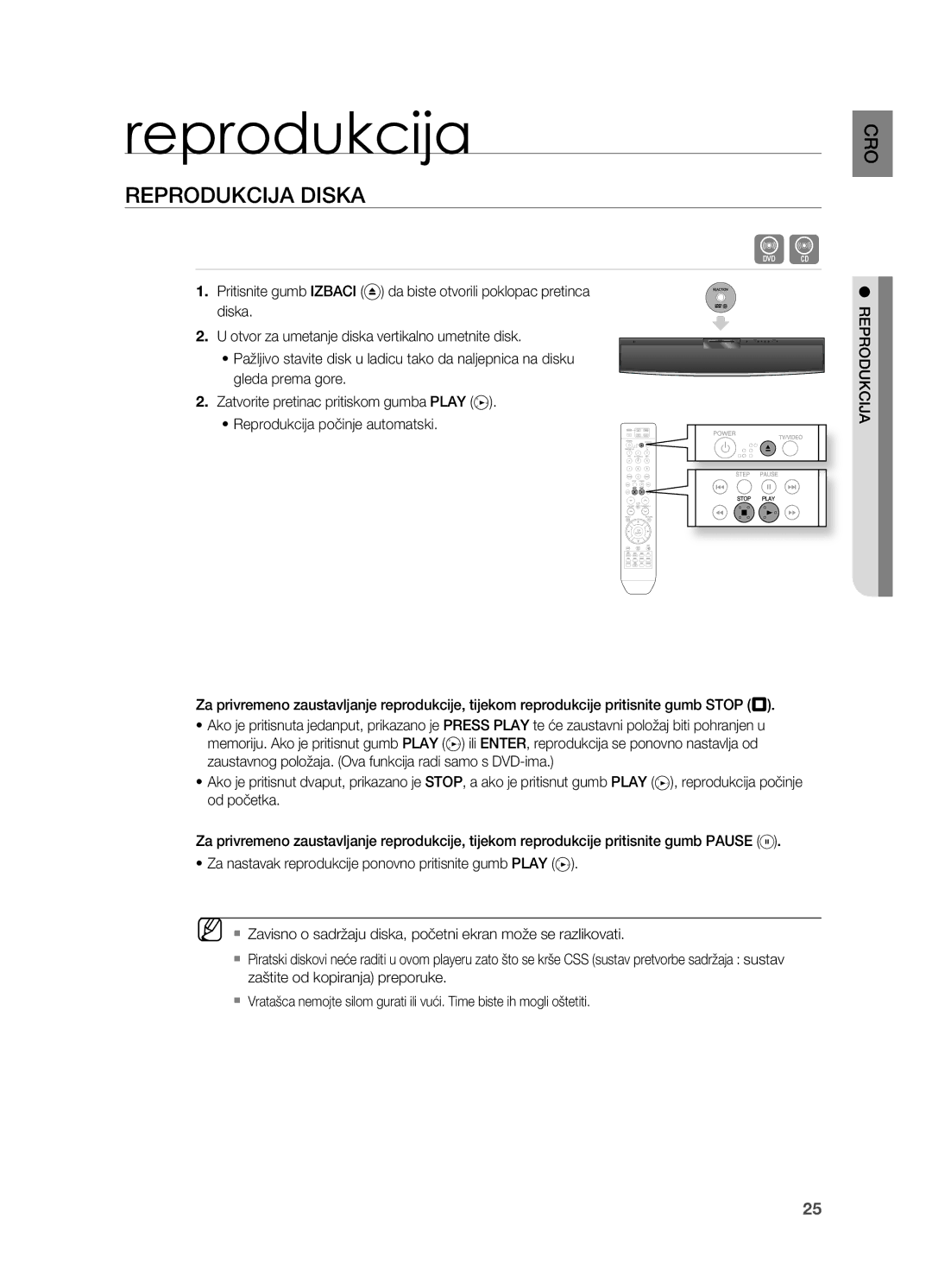 Samsung HT-X810R/EDC manual Reprodukcija, REPRoDUkCIjA DISkA 