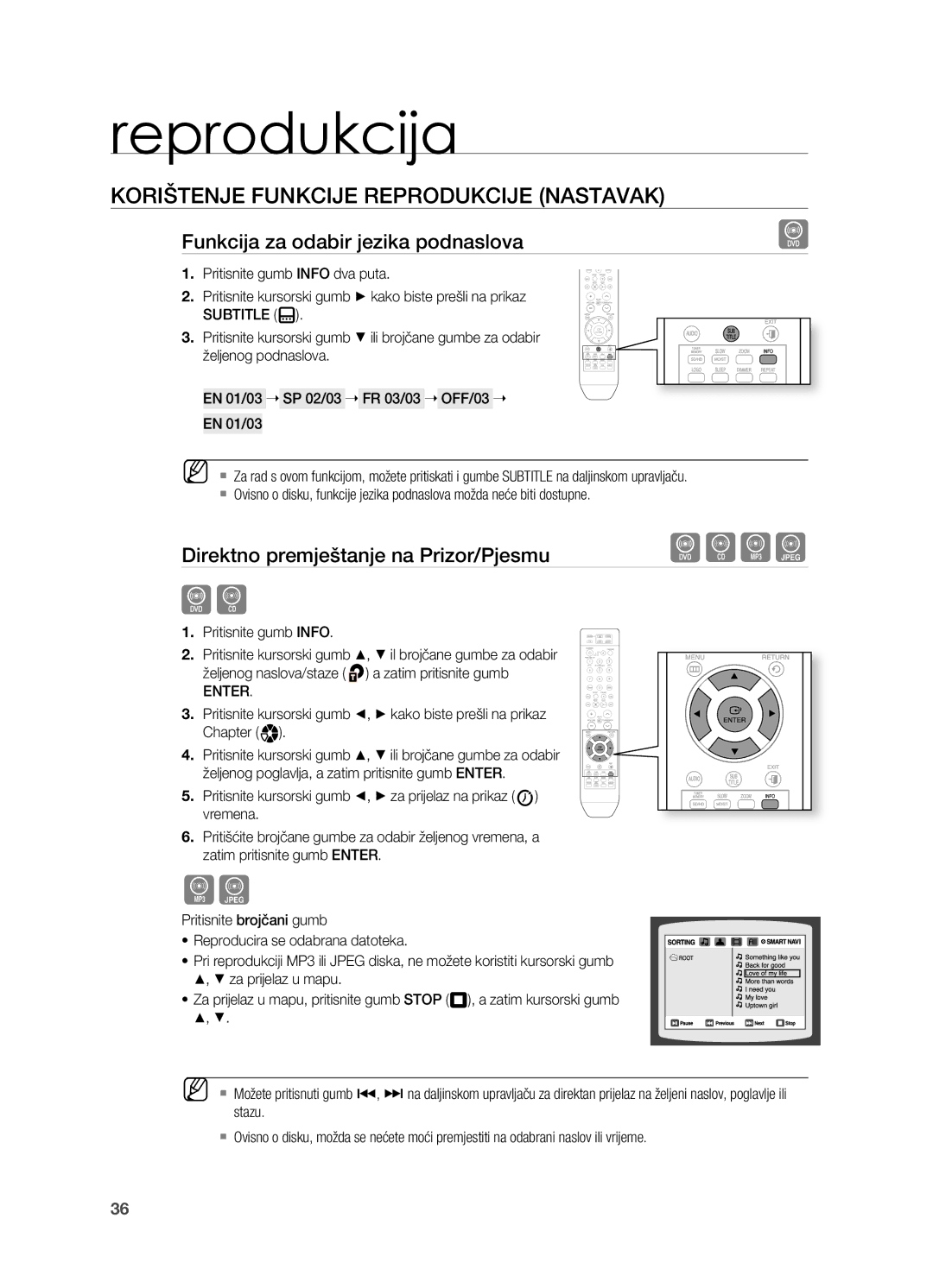 Samsung HT-X810R/EDC manual Funkcija za odabir jezika podnaslova, Direktno premještanje na Prizor/Pjesmu, Enter 