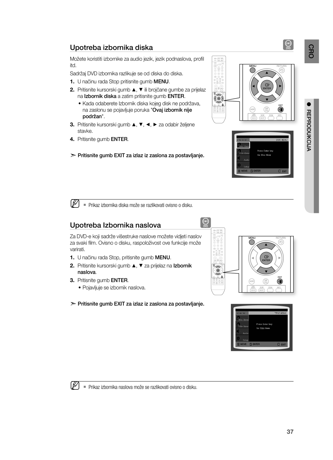 Samsung HT-X810R/EDC manual Upotreba izbornika diska, Upotreba Izbornika naslova 