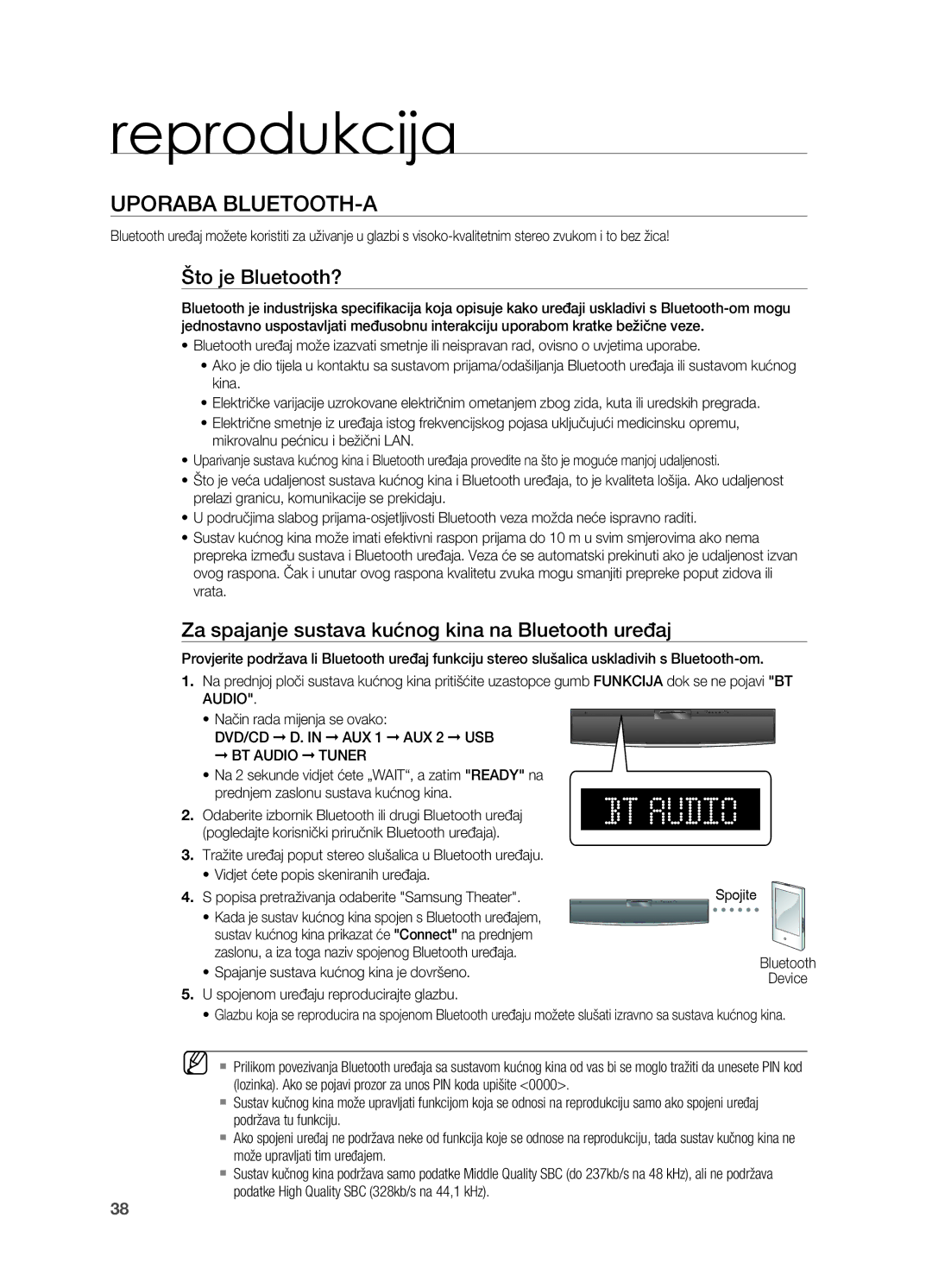 Samsung HT-X810R/EDC manual Što je Bluetooth?, Za spajanje sustava kućnog kina na Bluetooth uređaj 