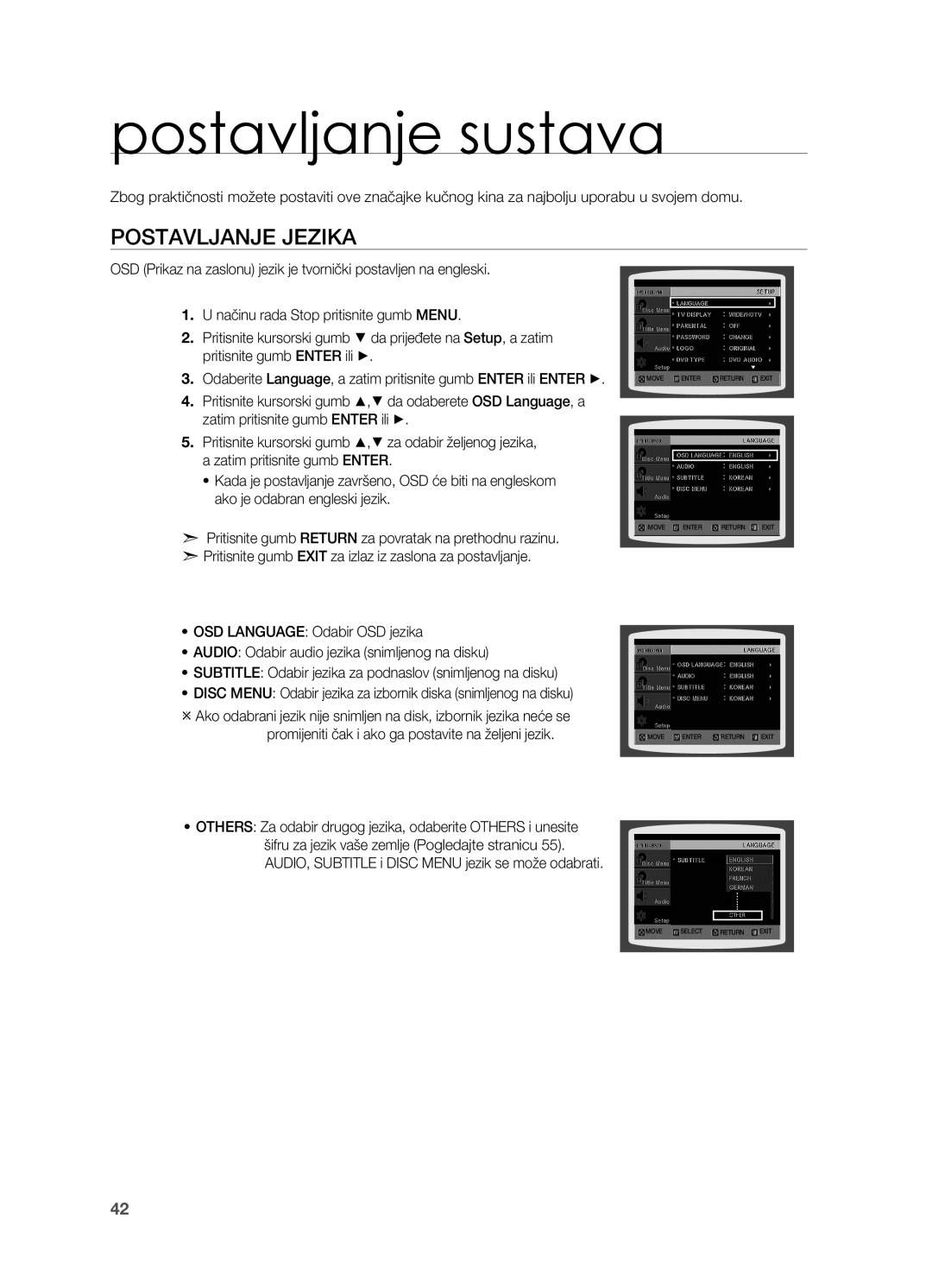 Samsung HT-X810R/EDC manual Postavljanje sustava, Postavljanje jezika 