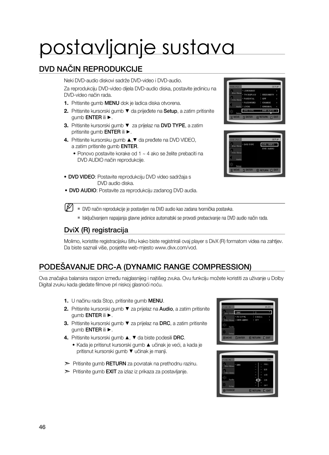 Samsung HT-X810R/EDC manual DVD način reprodukcije, Podešavanje DRC-a Dynamic Range Compression, DviX R registracija 