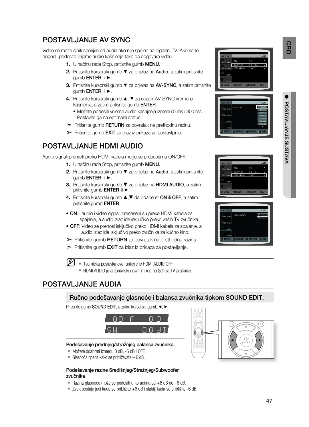 Samsung HT-X810R/EDC manual PoSTAVljANjE AV Sync, PoSTAVljANjE Hdmi AUDIo, PoSTAVljANjE Audia 