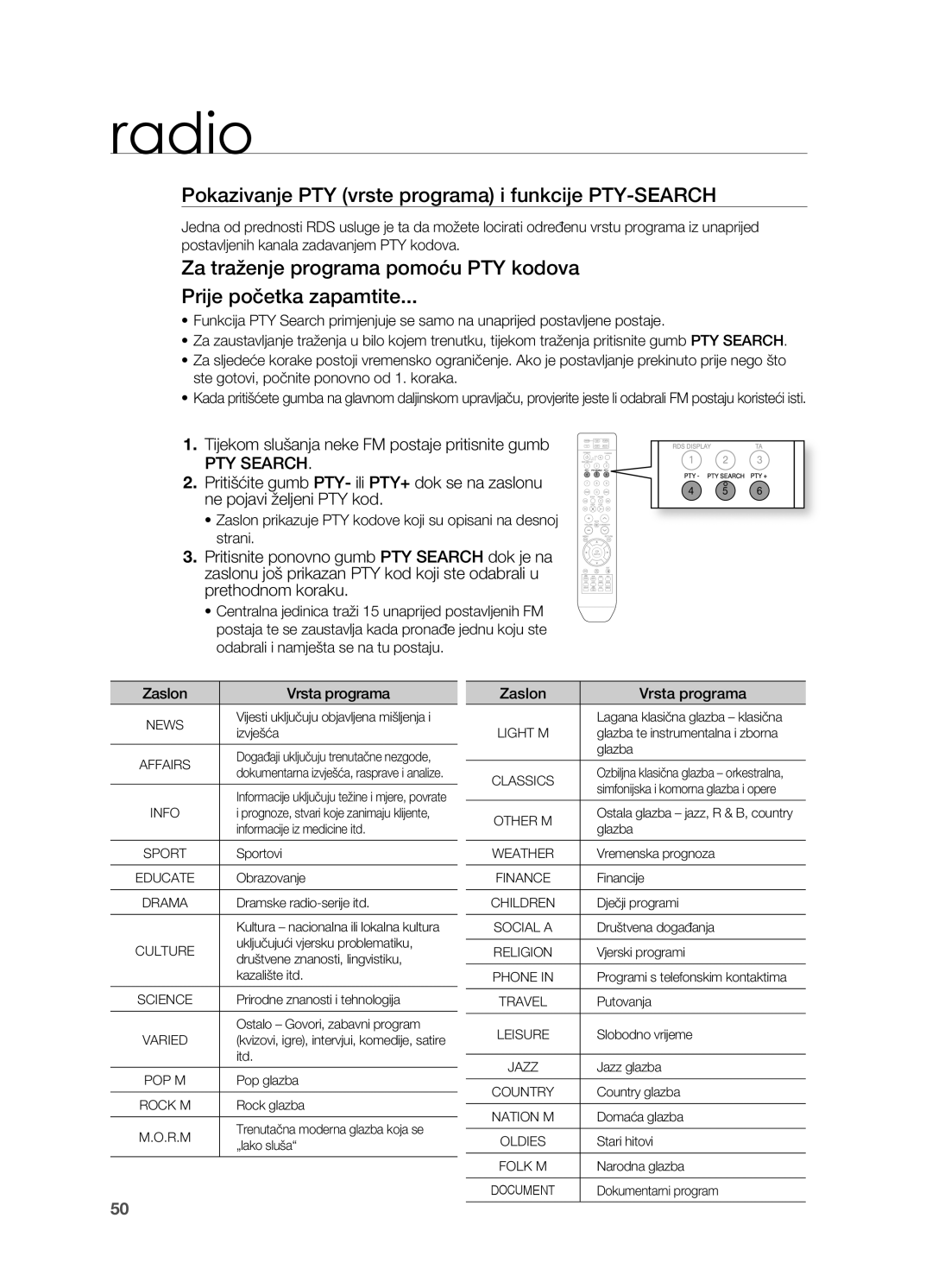 Samsung HT-X810R/EDC manual Pokazivanje PTY vrste programa i funkcije PTY-SEARCH, Zaslon Vrsta programa 