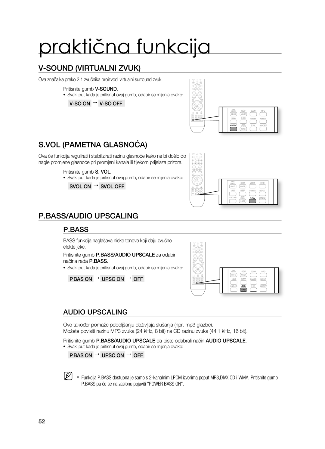 Samsung HT-X810R/EDC manual SoUND VIRTUAlNI zVUk, Vol Pametna glASNoćA, BASS/AUDIo UPSCAlINg, Pbas on  Upsc on  OFF 