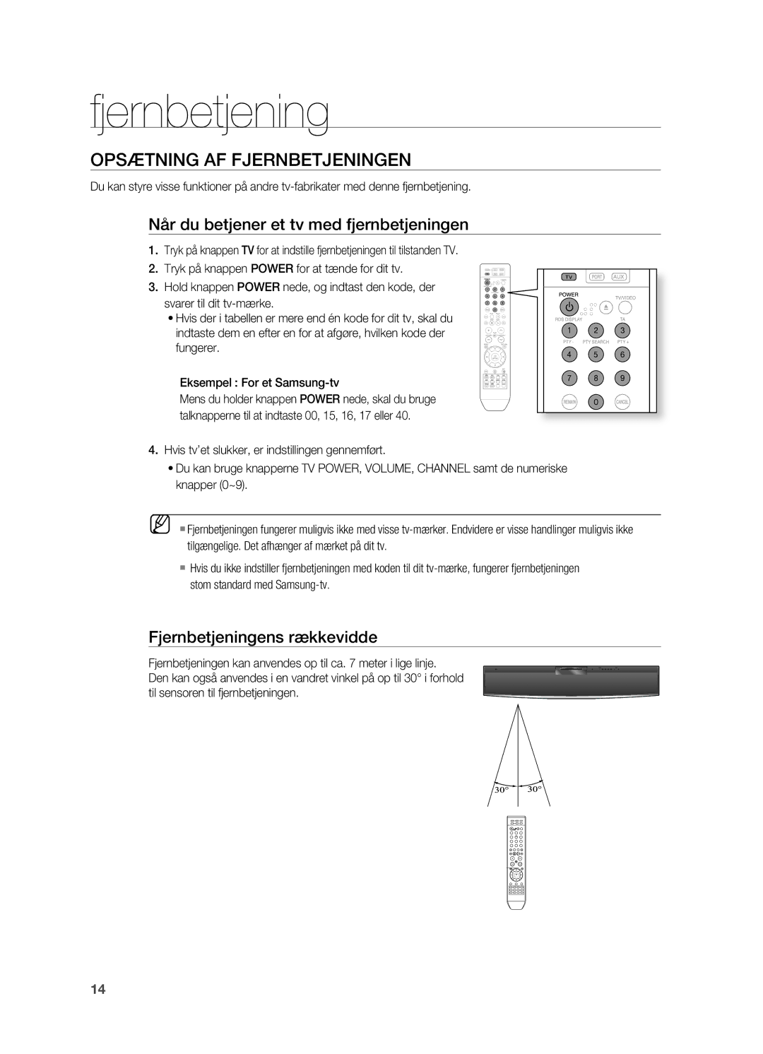 Samsung HT-X810R/XEE manual OpSæTNING AF FjERNBETjENINGEN, Når du betjener et tv med fjernbetjeningen 