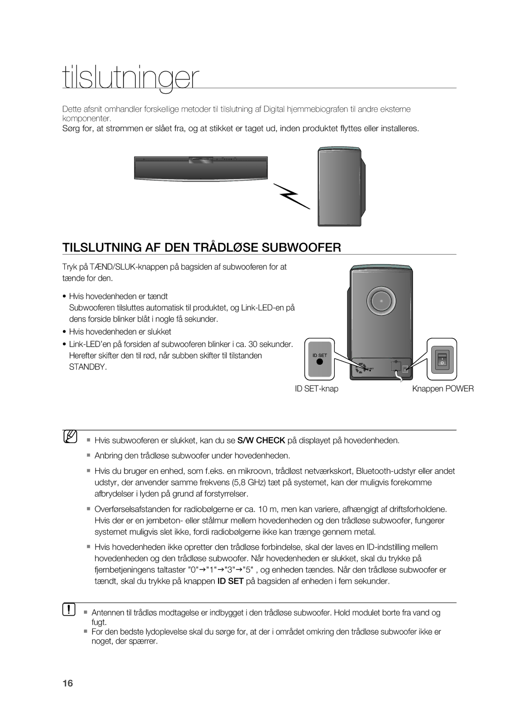 Samsung HT-X810R/XEE manual Tilslutninger, Tilslutning AF DEN Trådløse Subwoofer, Standby, ID SET-knap 