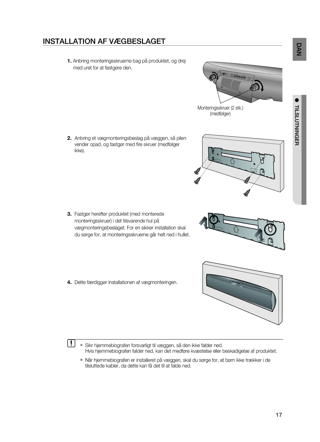 Samsung HT-X810R/XEE manual Installation AF VæGBESLAGET, Tilslutninger 