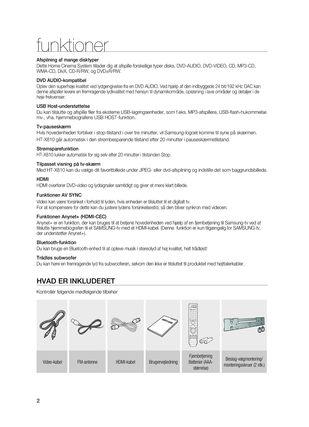 Samsung HT-X810R/XEE manual Funktioner, Hvad ER Inkluderet, Hdmi 