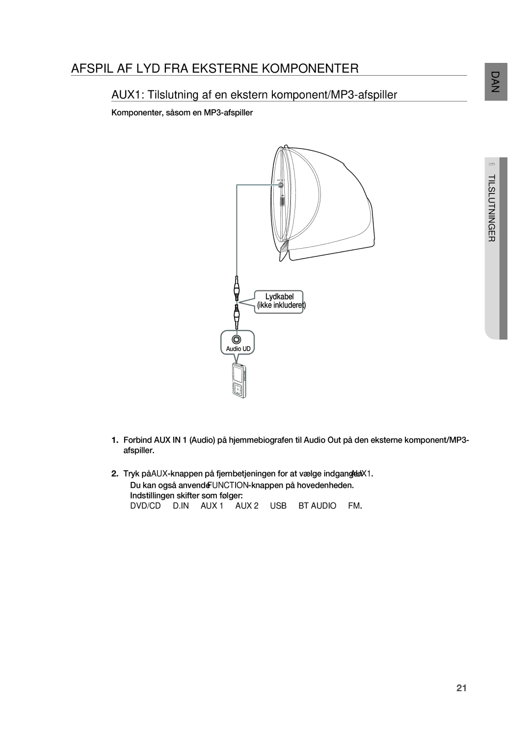 Samsung HT-X810R/XEE manual AFSpIL AF LYD FRA Eksterne KOMpONENTER, AUX1 Tilslutning af en ekstern komponent/Mp3-afspiller 