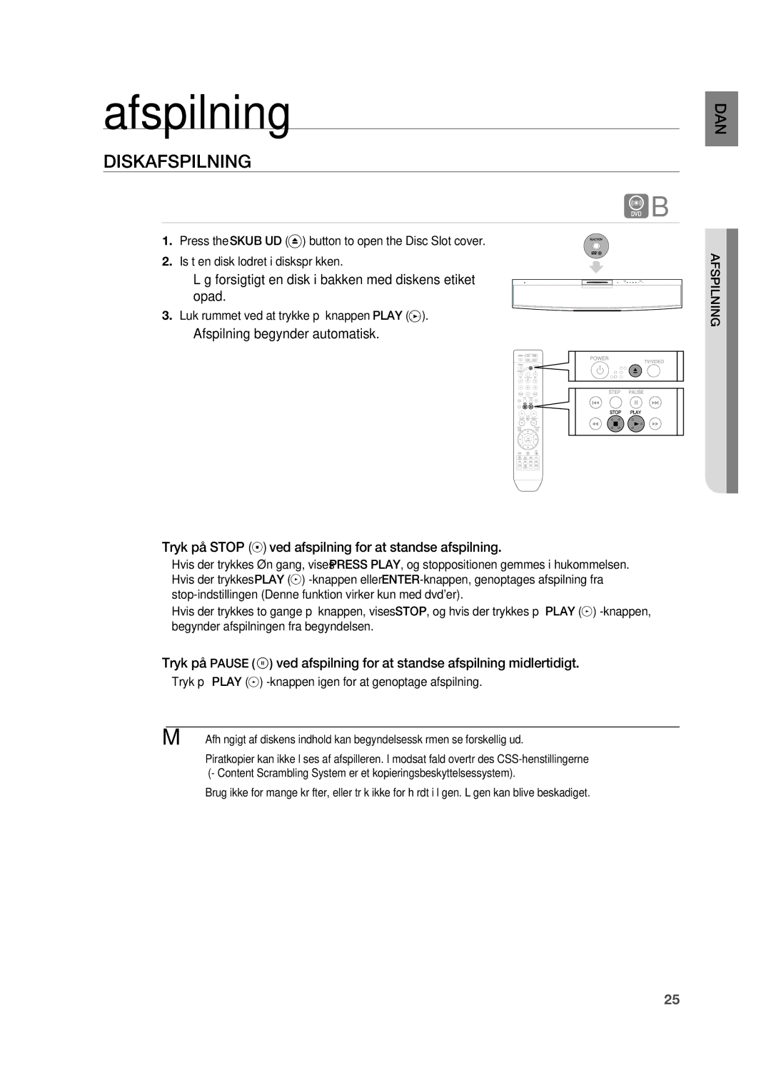 Samsung HT-X810R/XEE manual Afspilning, DISKAFSpILNING, ~ Læg forsigtigt en disk i bakken med diskens etiket opad 