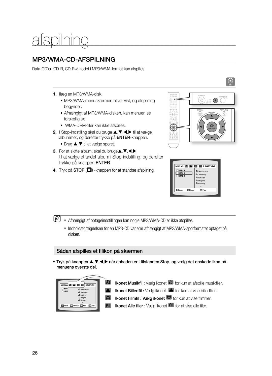 Samsung HT-X810R/XEE Mp3/WMA-CD-AFSpILNING, Tryk på STOp T -knappen for at standse afspilning, For at vise alle fi ler 