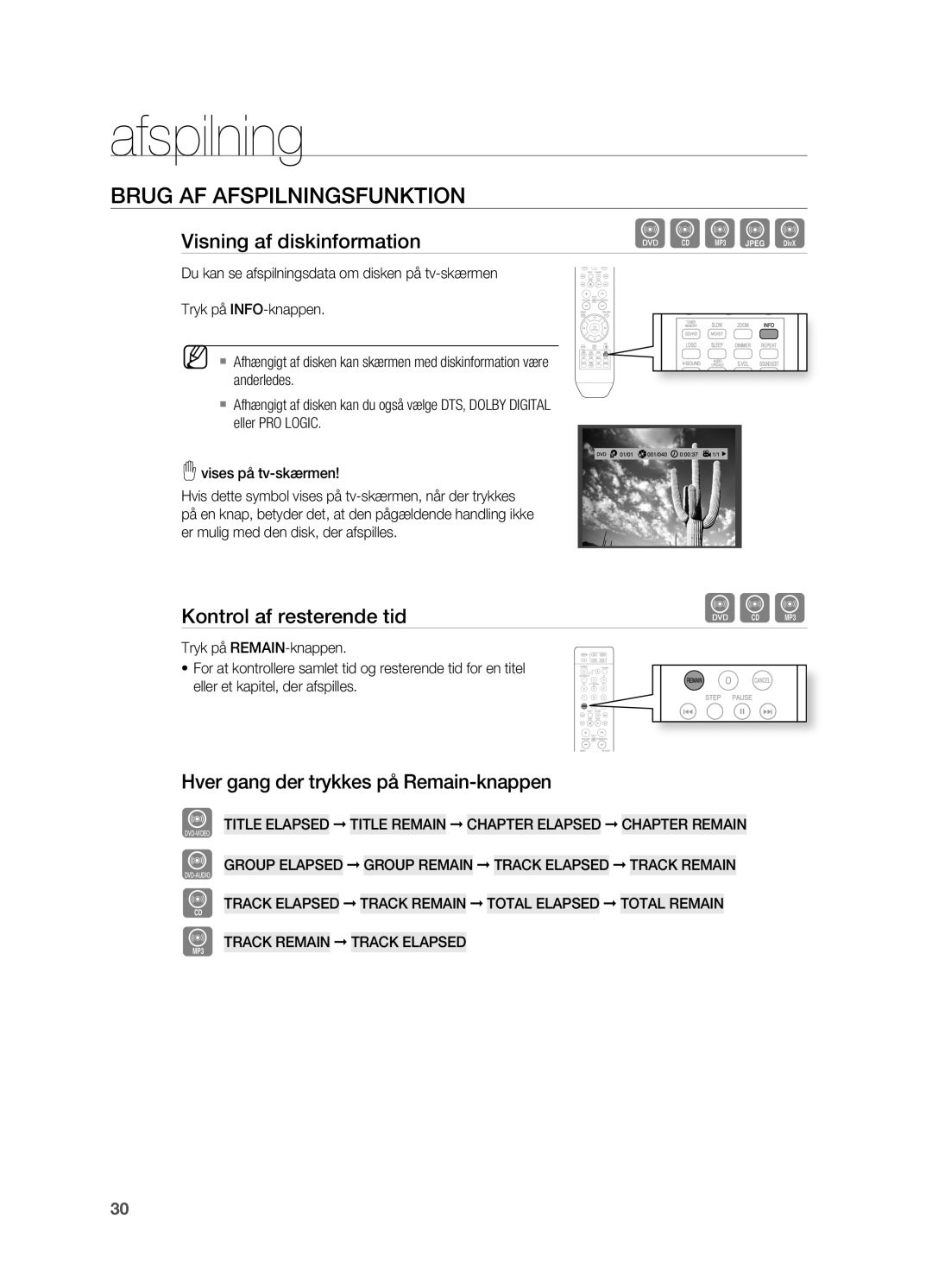 Samsung HT-X810R/XEE manual Brug AF AFSpILNINGSFUNKTION, Visning af diskinformation, Kontrol af resterende tid 