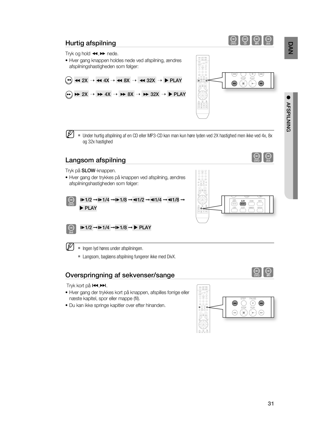 Samsung HT-X810R/XEE manual Langsom afspilning, Overspringning af sekvenser/sange, Og 32x hastighed 