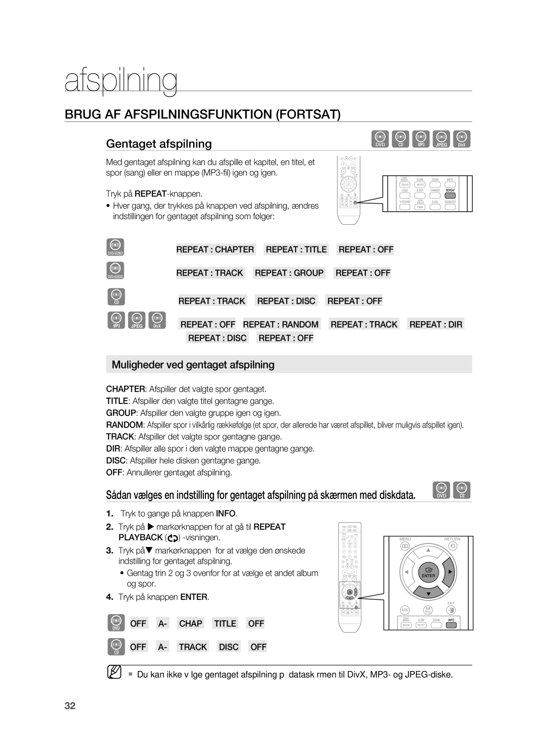 Samsung HT-X810R/XEE manual Brug AF AFSpILNINGSFUNKTION Fortsat, Gentaget afspilning, Tryk på REpEAT-knappen 