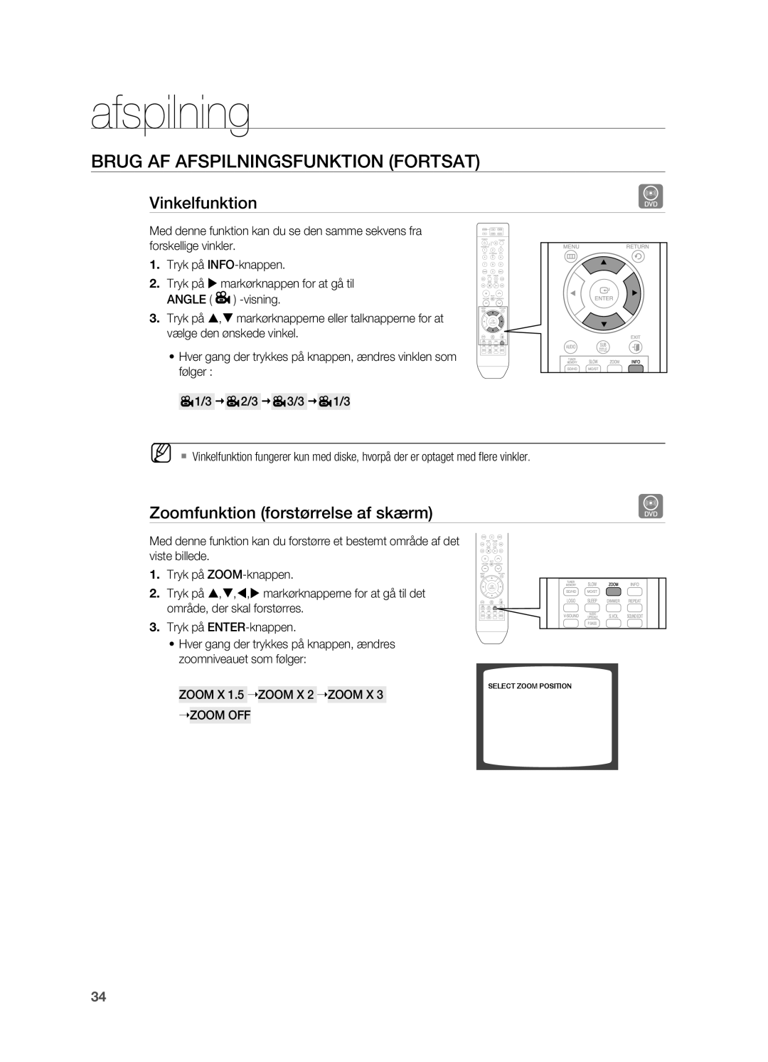 Samsung HT-X810R/XEE manual Vinkelfunktion, Zoomfunktion forstørrelse af skærm, Zoom X 1.5 ZOOM X 2 ZOOM X 3 ZOOM OFF 