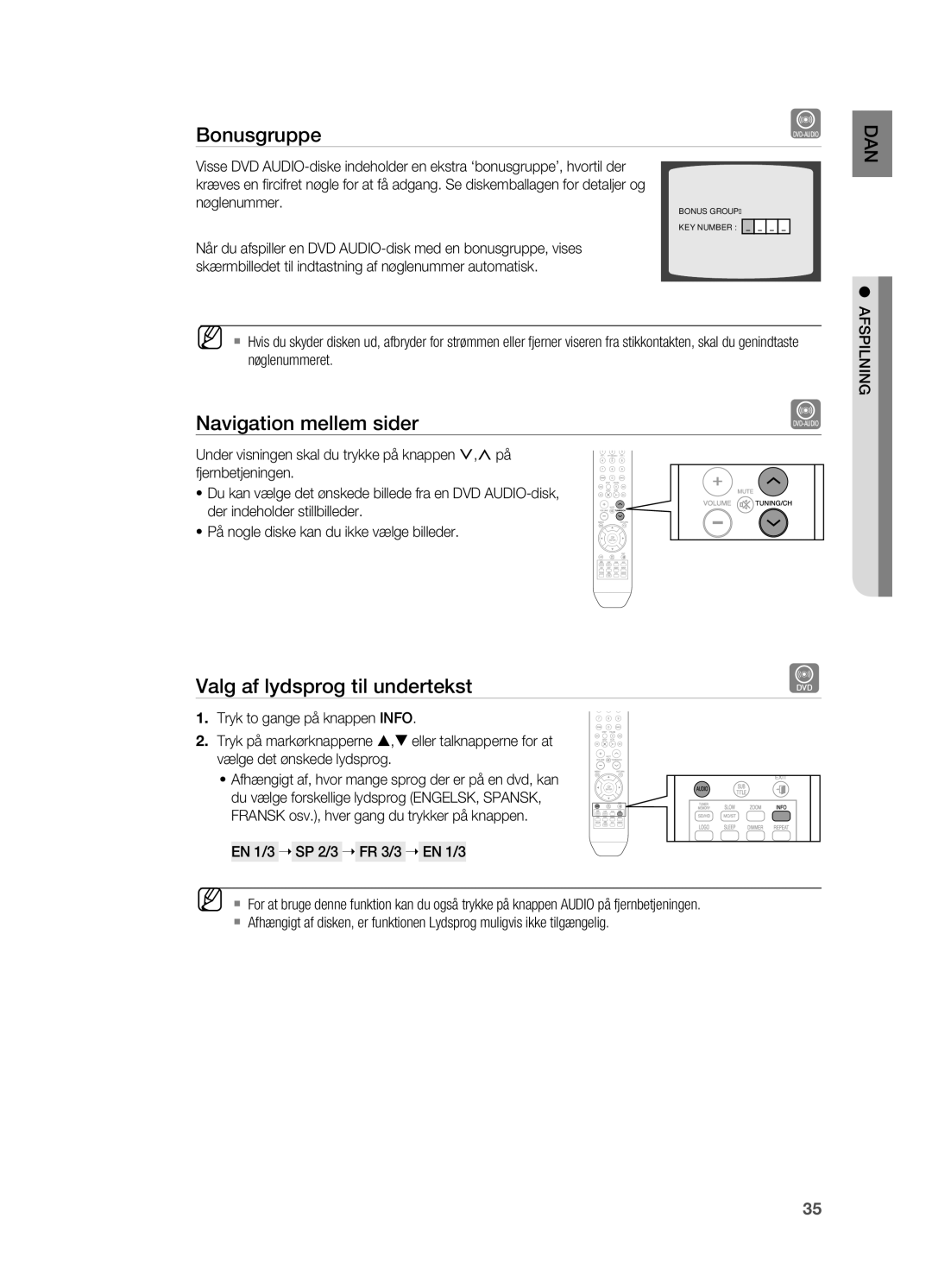 Samsung HT-X810R/XEE manual Valg af lydsprog til undertekst, Dan, EN 1/3  Sp 2/3  FR 3/3  EN 1/3 