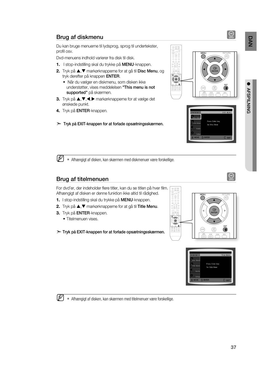 Samsung HT-X810R/XEE manual Brug af diskmenu, Brug af titelmenuen 