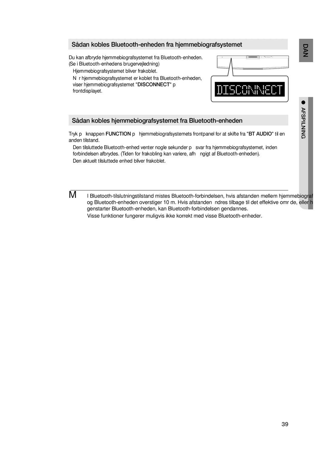 Samsung HT-X810R/XEE manual Sådan kobles Bluetooth-enheden fra hjemmebiografsystemet 