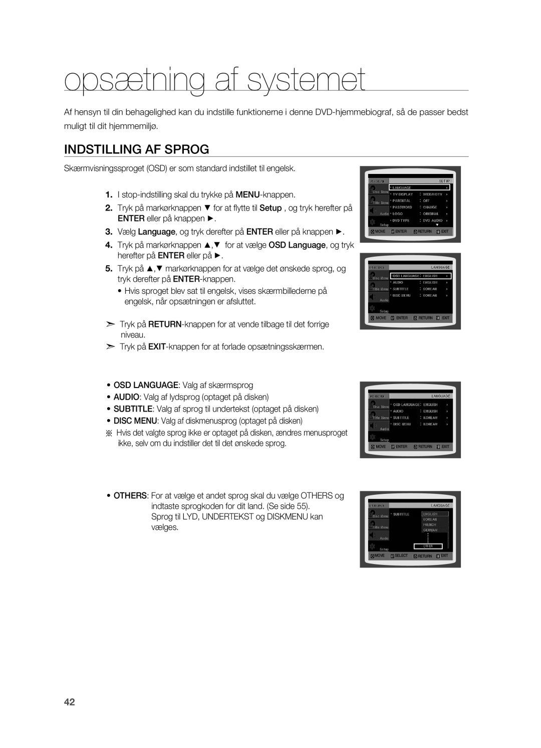 Samsung HT-X810R/XEE manual Opsætning af systemet, Indstilling af sprog, Sprog til LYD, Undertekst og Diskmenu kan vælges 