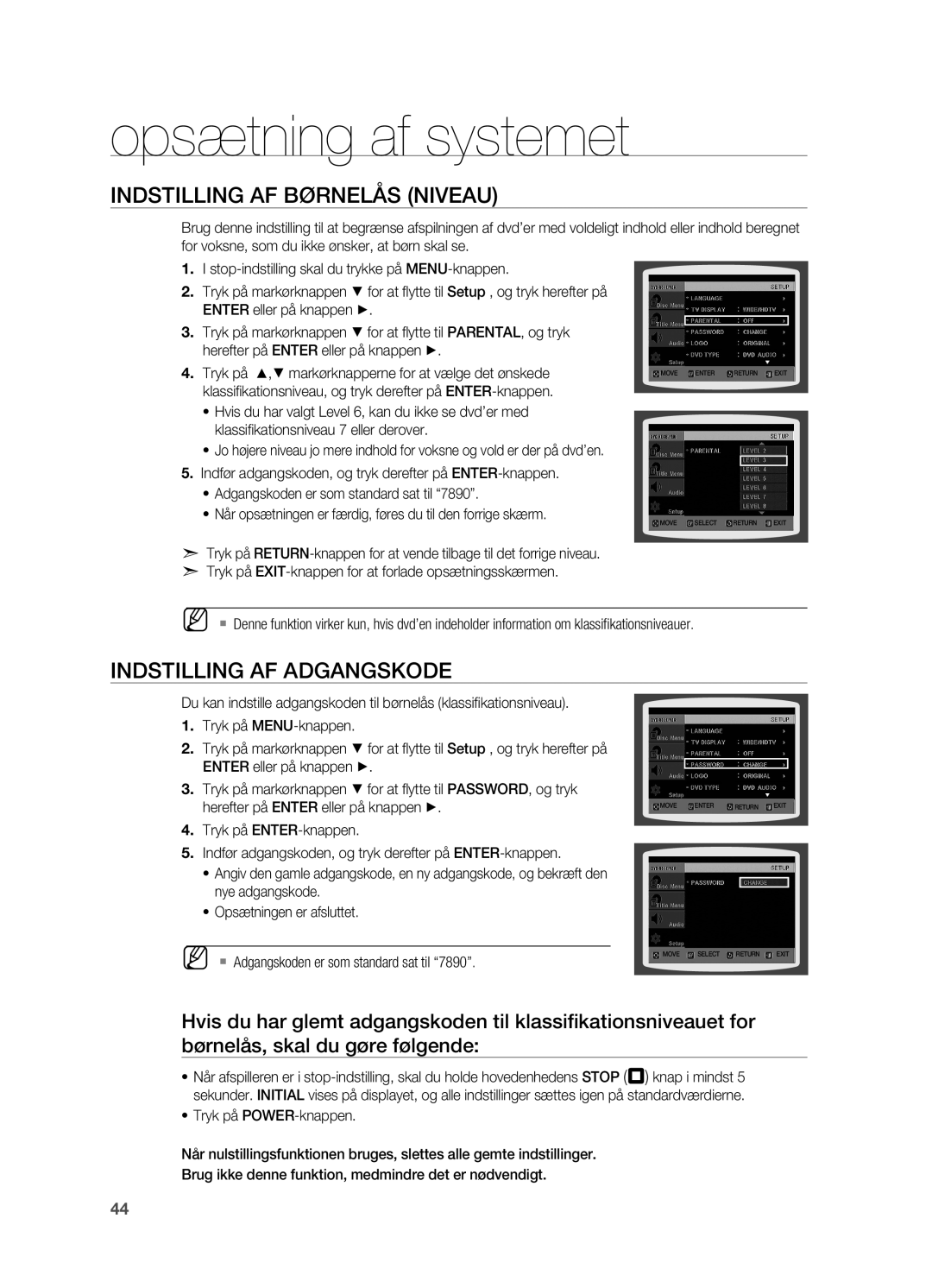 Samsung HT-X810R/XEE manual Indstilling af børnelås Niveau, Indstilling af adgangskode 